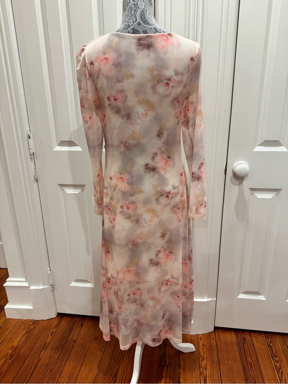 Soft Pink Floral Long-Sleeve Lined Midi Dress Size XL Coquette Fairycore - Picture 3 of 6